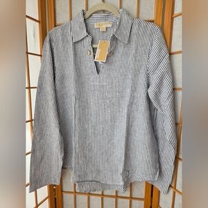 NWT WOMENS MICHAEL KORS MIDNIGHT/WHITE STRIPES LINEN BLEND PULLOVER BLOUSE M